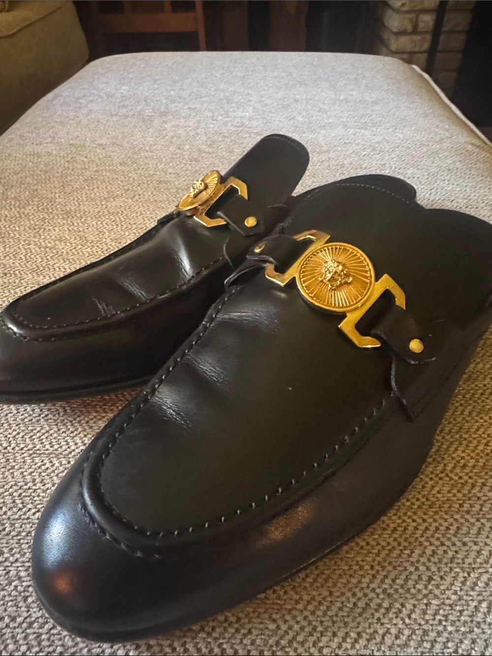 Versace Black Leather Slip-On Loafers with Gold Medallion Hardware